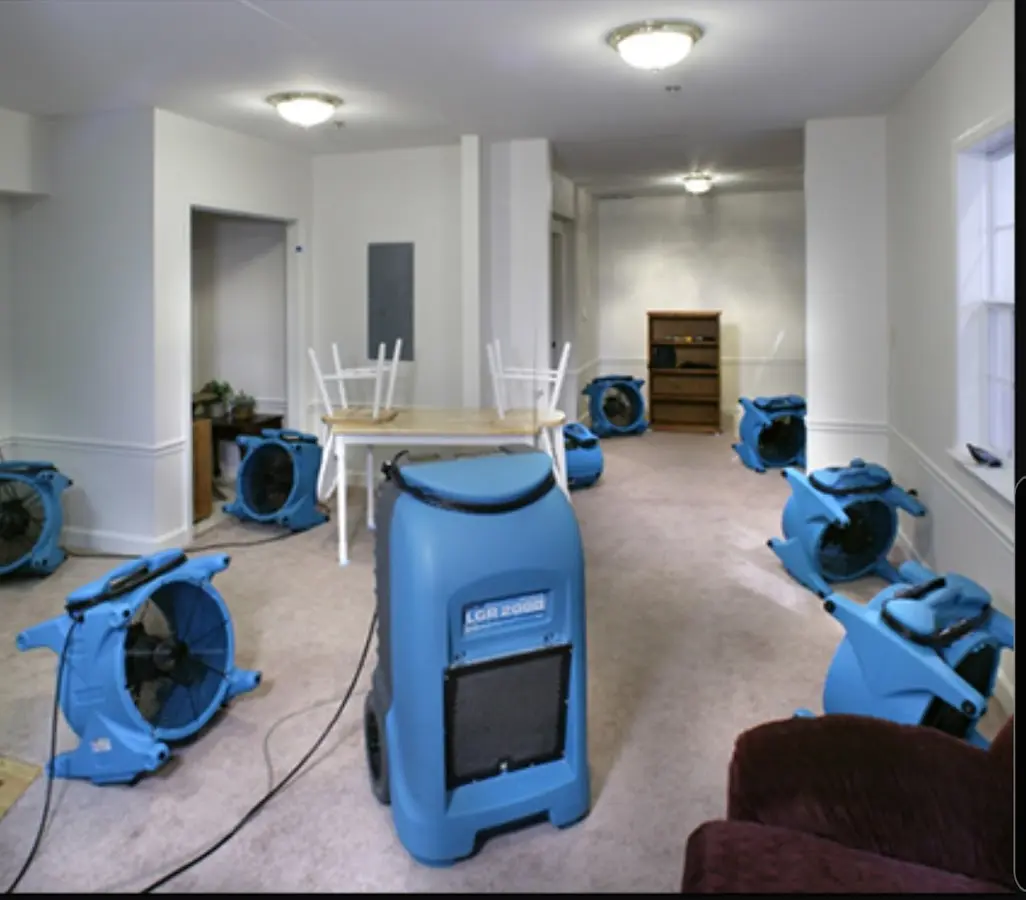 Air movers and dehumidifier setup for Water Damage Restoration in Perry Hall